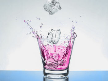 Close-up of water drops on glass against white background