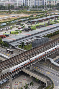 High angle view of railroad tracks in city