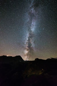 Scenic view of silhouette mountain against sky at night