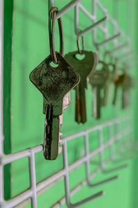 Close-up of padlocks hanging on metal