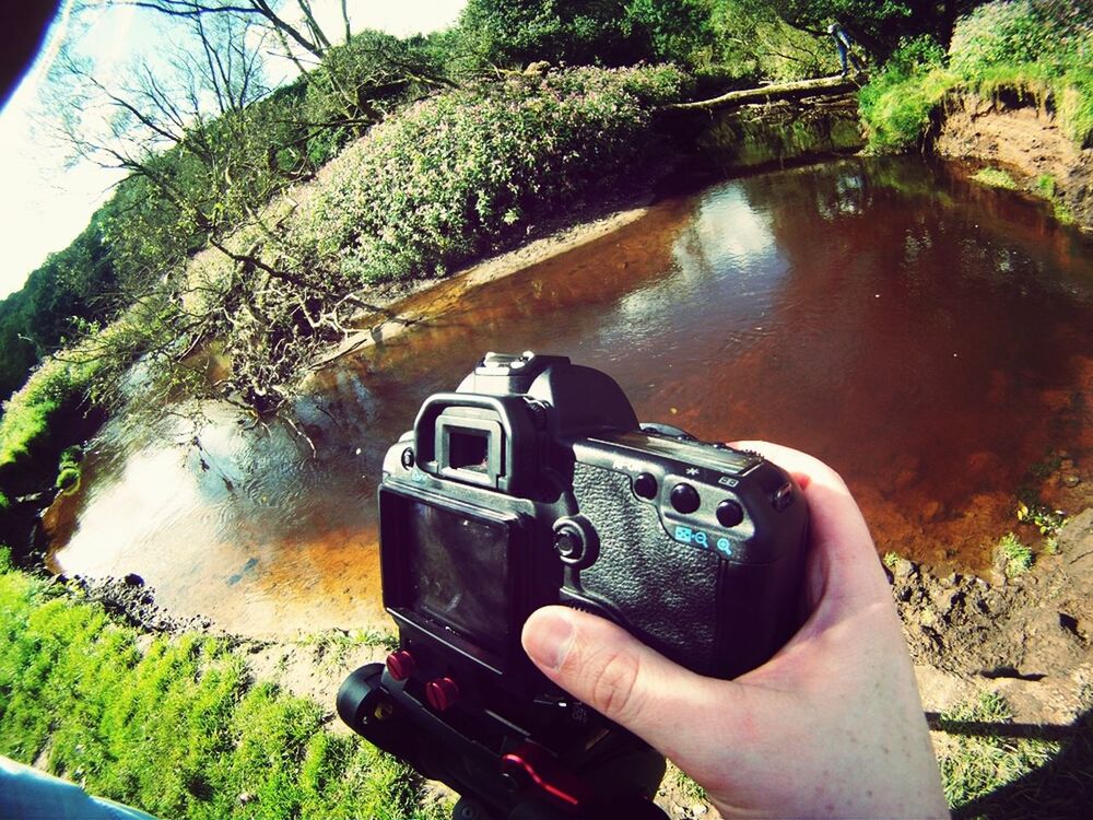 tree, water, lifestyles, leisure activity, part of, person, holding, men, photography themes, cropped, photographing, reflection, technology, lake, nature, river, green color