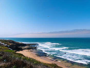 Scenic view of sea against clear blue sky