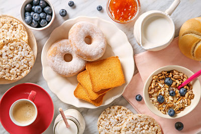 High angle view of breakfast on table