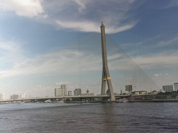 View of suspension bridge with city in background