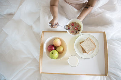 High angle view of breakfast served on table