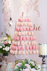 Close-up of macaroons on cakestand at wedding ceremony