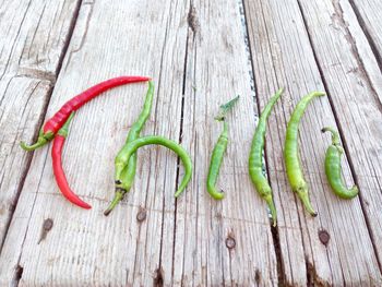 High angle view of chili peppers on table