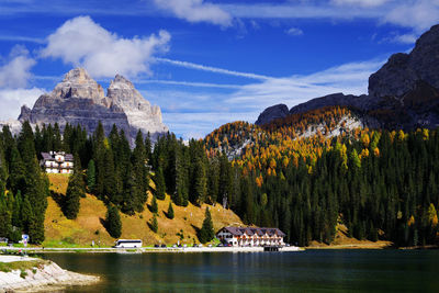 Scenic view of lake by trees against sky