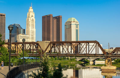 Bridge over river against buildings in city