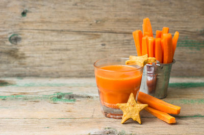 Close-up of orange juice on table