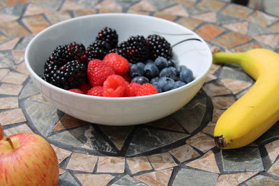 High angle view of strawberries in bowl on table