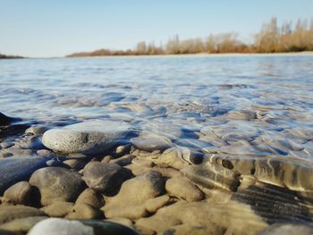 Surface level of pebble beach against sky