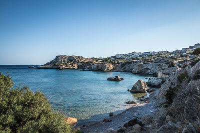 Scenic view of sea against clear blue sky