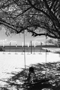 People relaxing on beach against sky