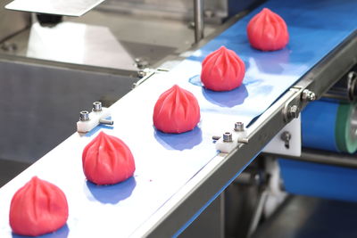 High angle view of food on conveyor belt at factory