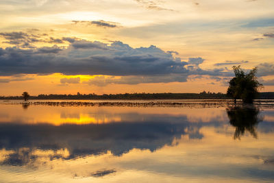 Scenic view of lake against sky during sunset