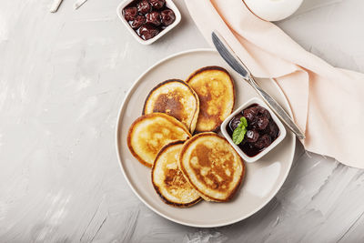 High angle view of breakfast served on table