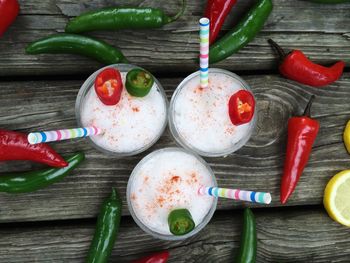 Directly above shot of drinks with chili peppers on table