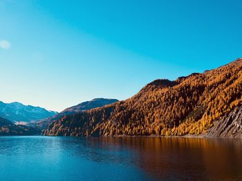 Scenic view of lake and mountains against clear blue sky