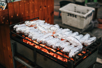 Close-up of meat on barbecue grill