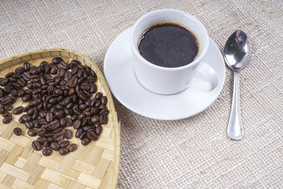 High angle view of coffee cups on table