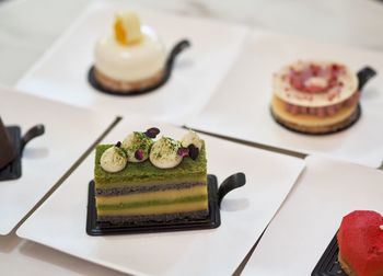 Close-up of cake served on table