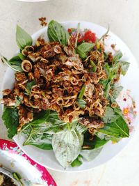 High angle view of salad in plate on table