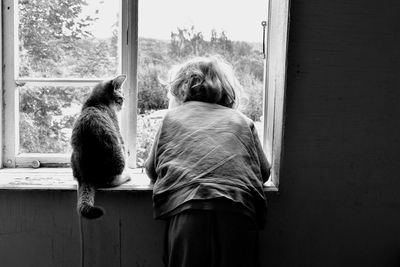 Rear view of girl and cat looking through window