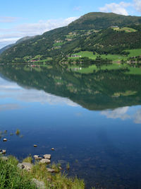 Scenic view of lake and mountains against sky