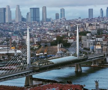 Bridge over river against buildings in city