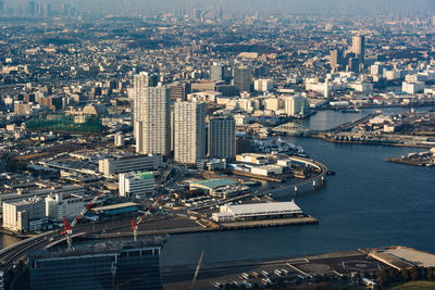 High angle view of buildings in city