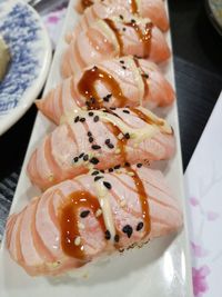 High angle view of sushi in plate on table