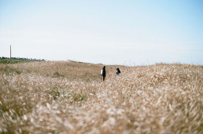 People standing on field against clear sky