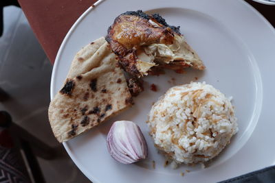 High angle view of breakfast served on table