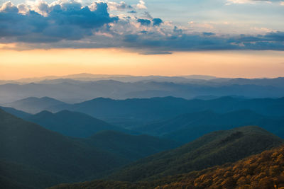 Scenic view of mountains against sky at sunset