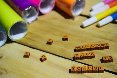 High angle view of toys on table