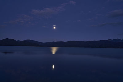 Scenic view of lake and mountains against sky at night