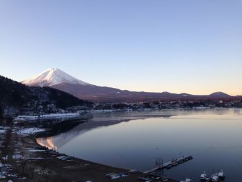 Scenic view of lake by snowcapped mountains against clear blue sky