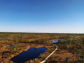 Scenic view of lake against clear blue sky