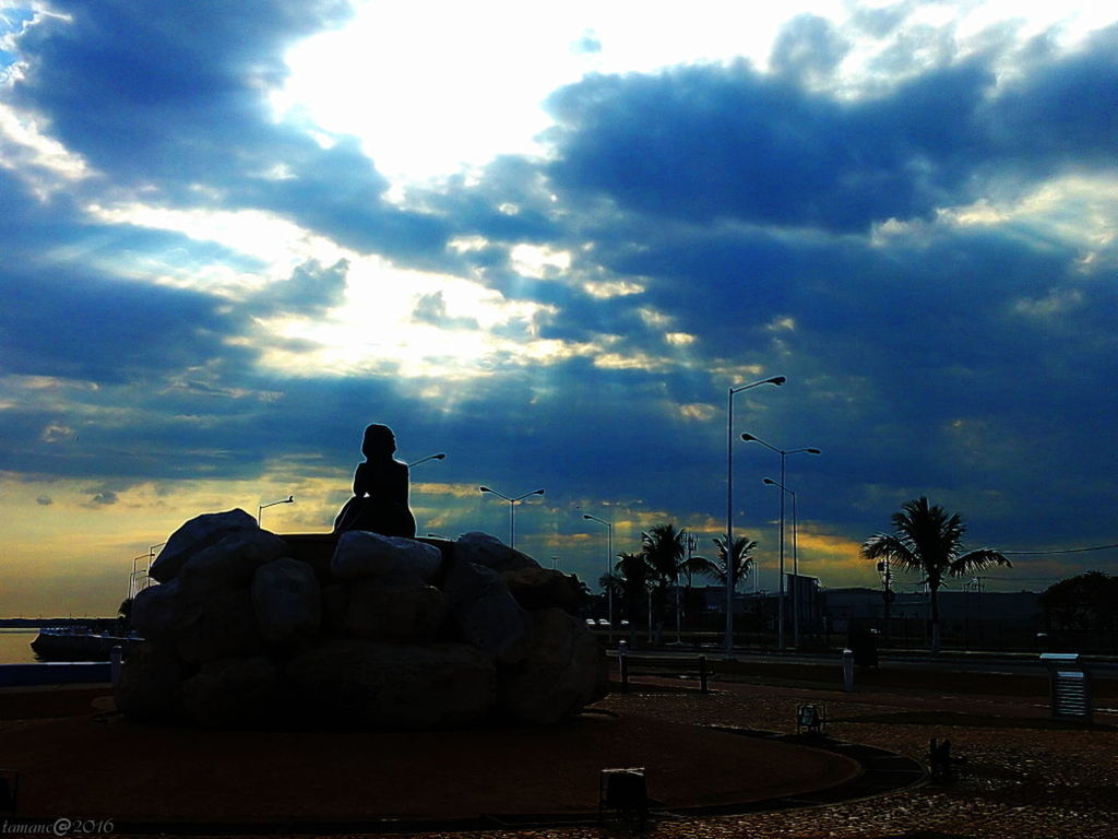 sky, cloud - sky, silhouette, cloudy, cloud, sunset, dusk, nature, statue, sculpture, outdoors, tranquility, human representation, rock - object, men, beauty in nature, tree, dramatic sky, scenics