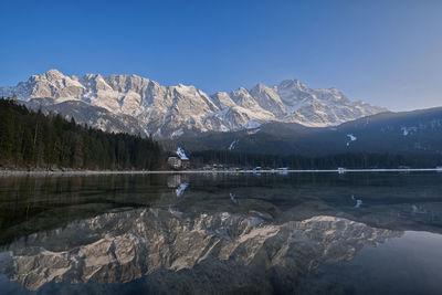 Scenic view of lake and snowcapped mountains against sky