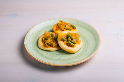 High angle view of food in plate on table