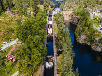 Aerial view of tourboat passing through vrangfoss locks