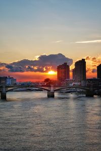 River by cityscape against sky during sunset