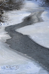 High angle view of snow covered land