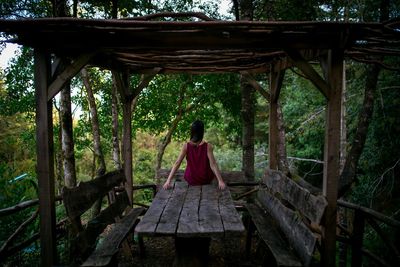 Rear view of a woman sitting on table