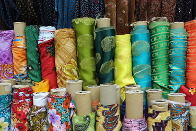 Full frame shot of various fabrics for sale at stall