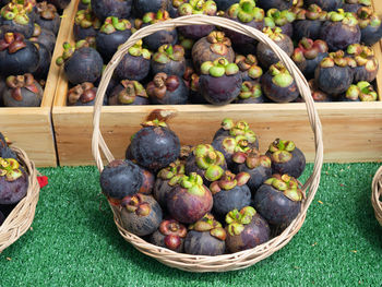 High angle view of fruits in basket on table