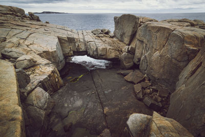 Scenic view of rocks on beach against sky