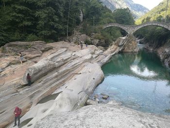 Scenic view of river by tree mountains